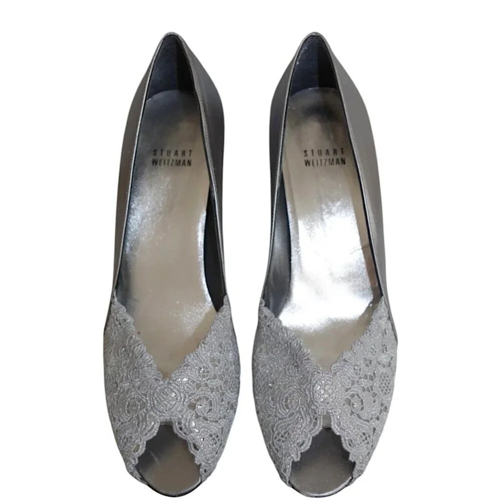 Stuart Weitzman Vintage Silver Chantilly Lace Gem Formal Peep Toe Heels Size 9.5